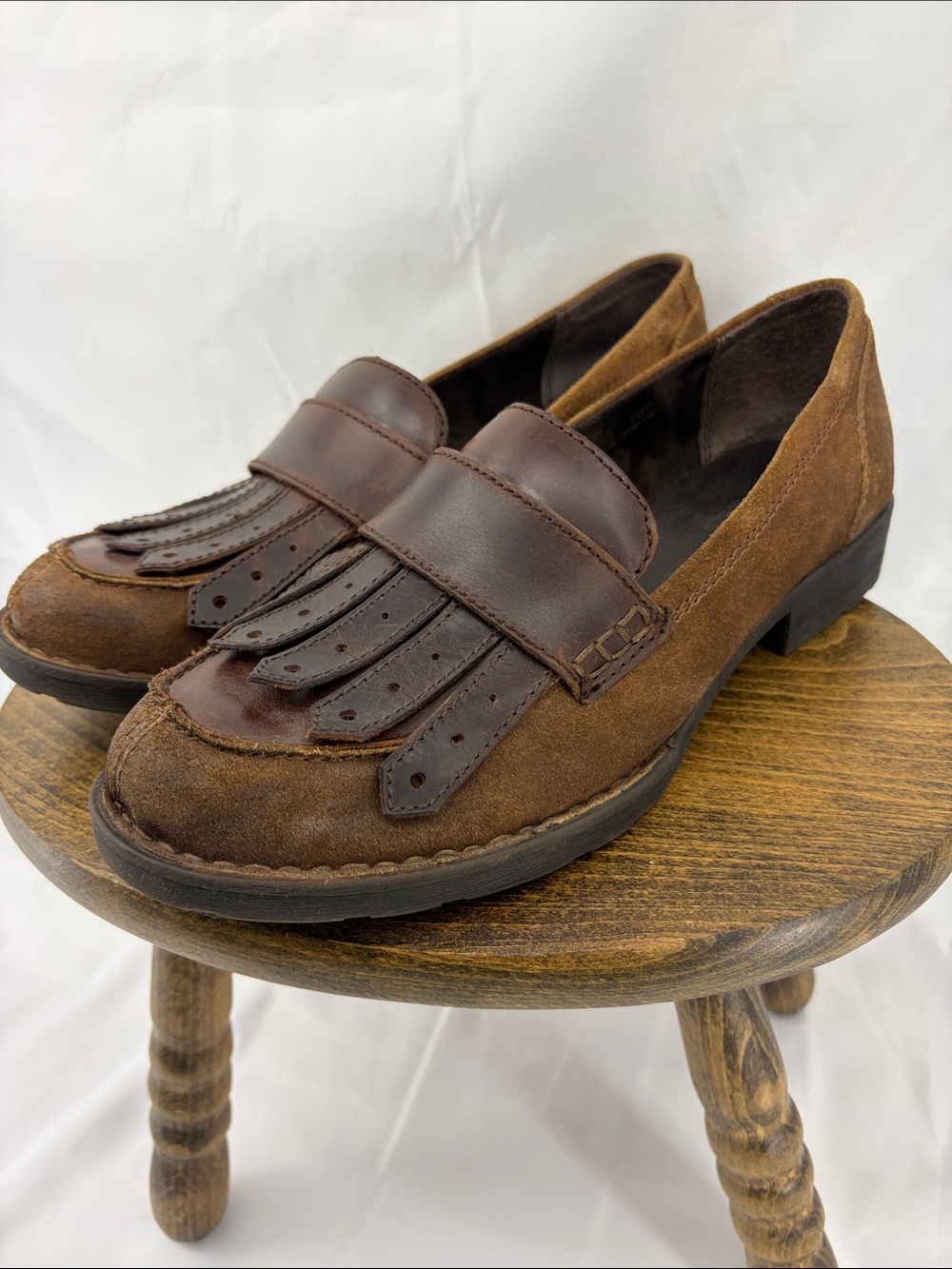 Born Womens Damskie Penny Fringe Vintage Style 2-toned Suede Leather Loafers, 10